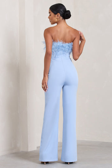 First Class Blue Bandeau Feather Wide Leg jumpsuit